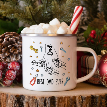 4 Names & 1 Text Personalized Best Dad Ever Enamel Mug – Custom Father's Day Gift | Lorajewel