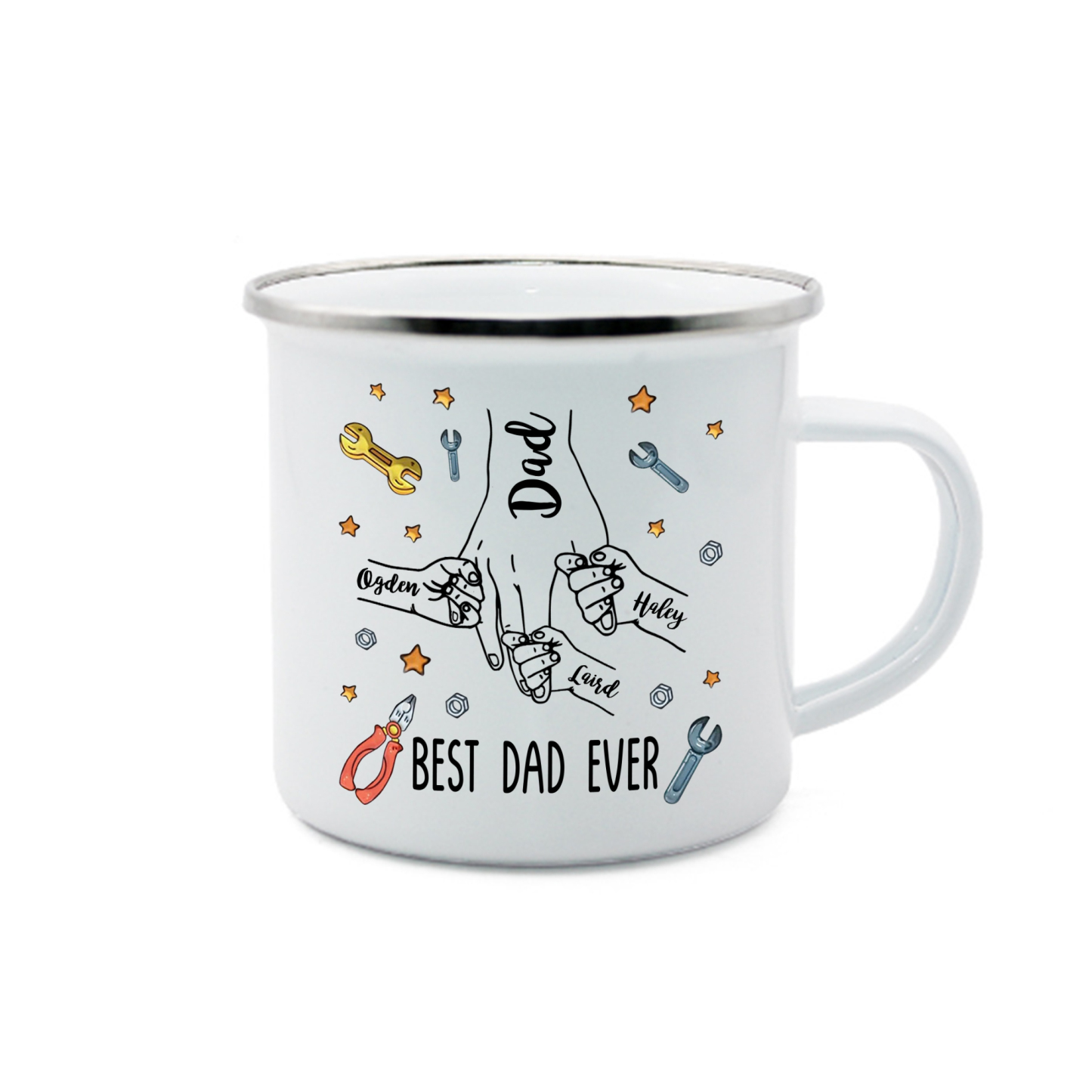 4 Names & 1 Text Personalized Best Dad Ever Enamel Mug – Custom Father's Day Gift | Lorajewel