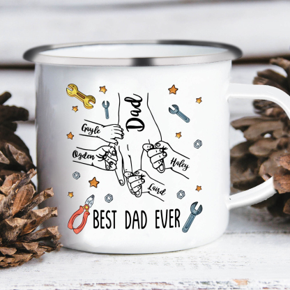 5 Names & 1 Text Personalized Best Dad Ever Enamel Mug – Custom Father's Day Gift | Lorajewel
