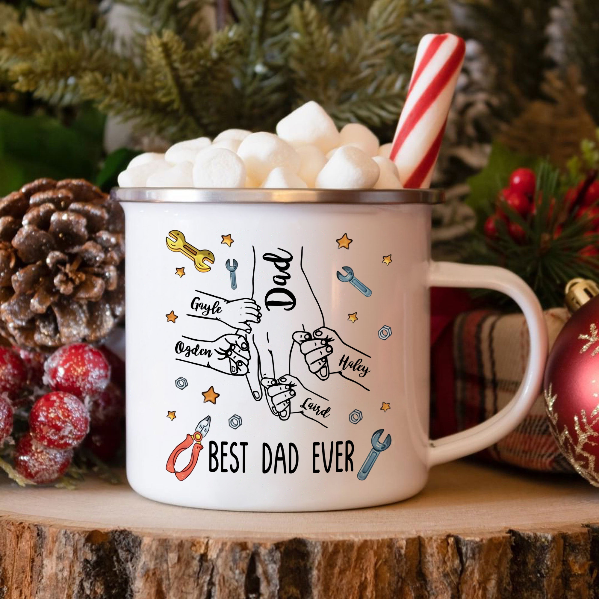 5 Names & 1 Text Personalized Best Dad Ever Enamel Mug – Custom Father's Day Gift | Lorajewel