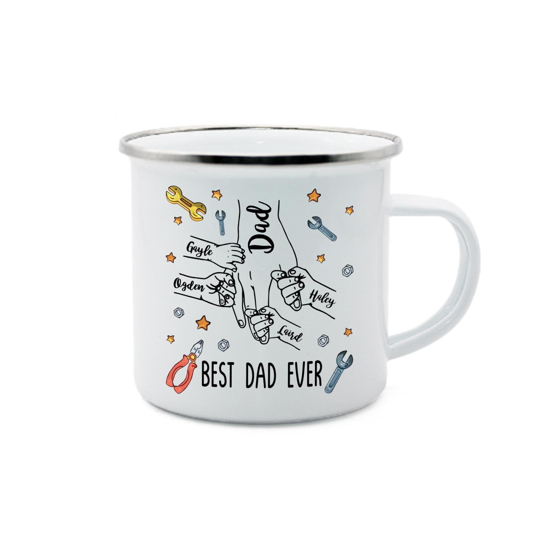 5 Names & 1 Text Personalized Best Dad Ever Enamel Mug – Custom Father's Day Gift | Lorajewel