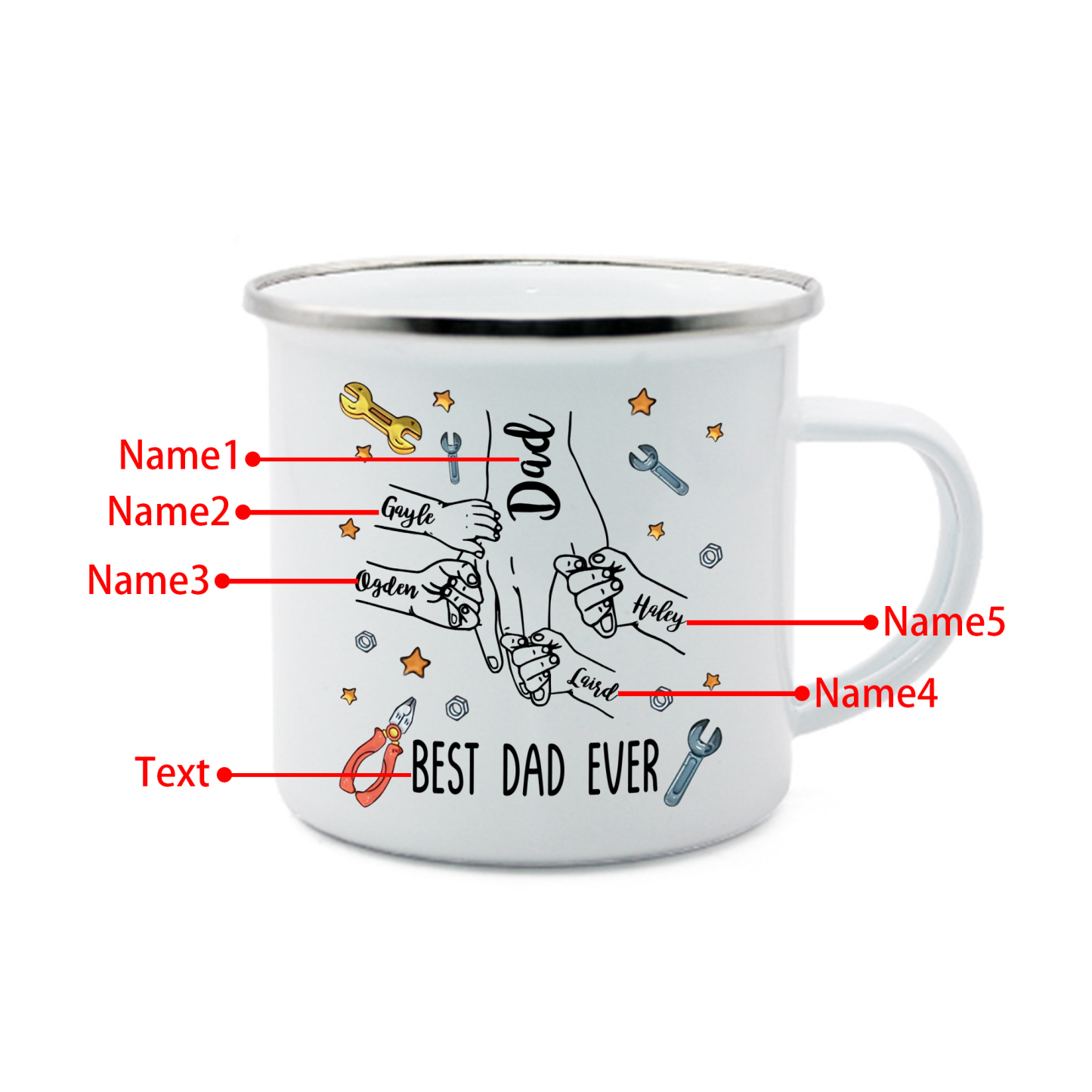 5 Names & 1 Text Personalized Best Dad Ever Enamel Mug – Custom Father's Day Gift | Lorajewel