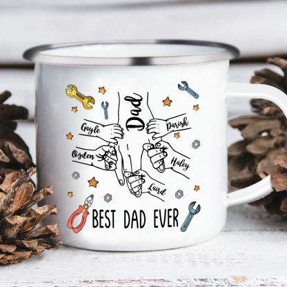 6 Names & 1 Text Personalized Best Dad Ever Enamel Mug – Custom Father's Day Gift | Lorajewel