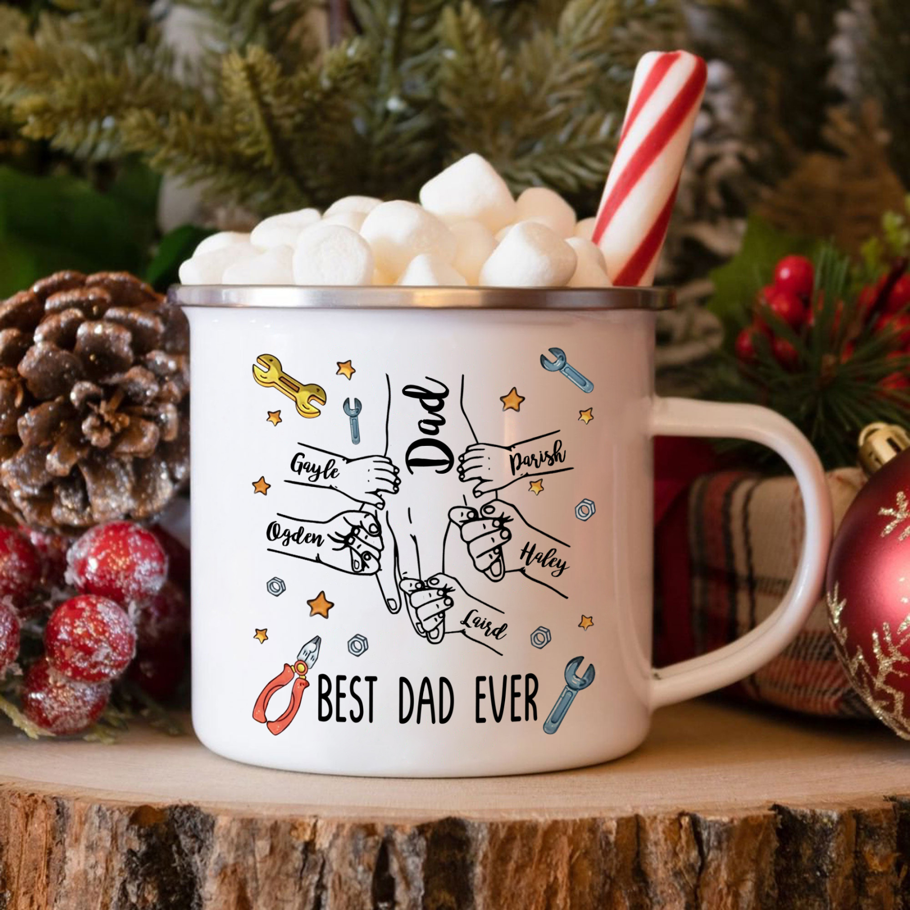 6 Names & 1 Text Personalized Best Dad Ever Enamel Mug – Custom Father's Day Gift | Lorajewel