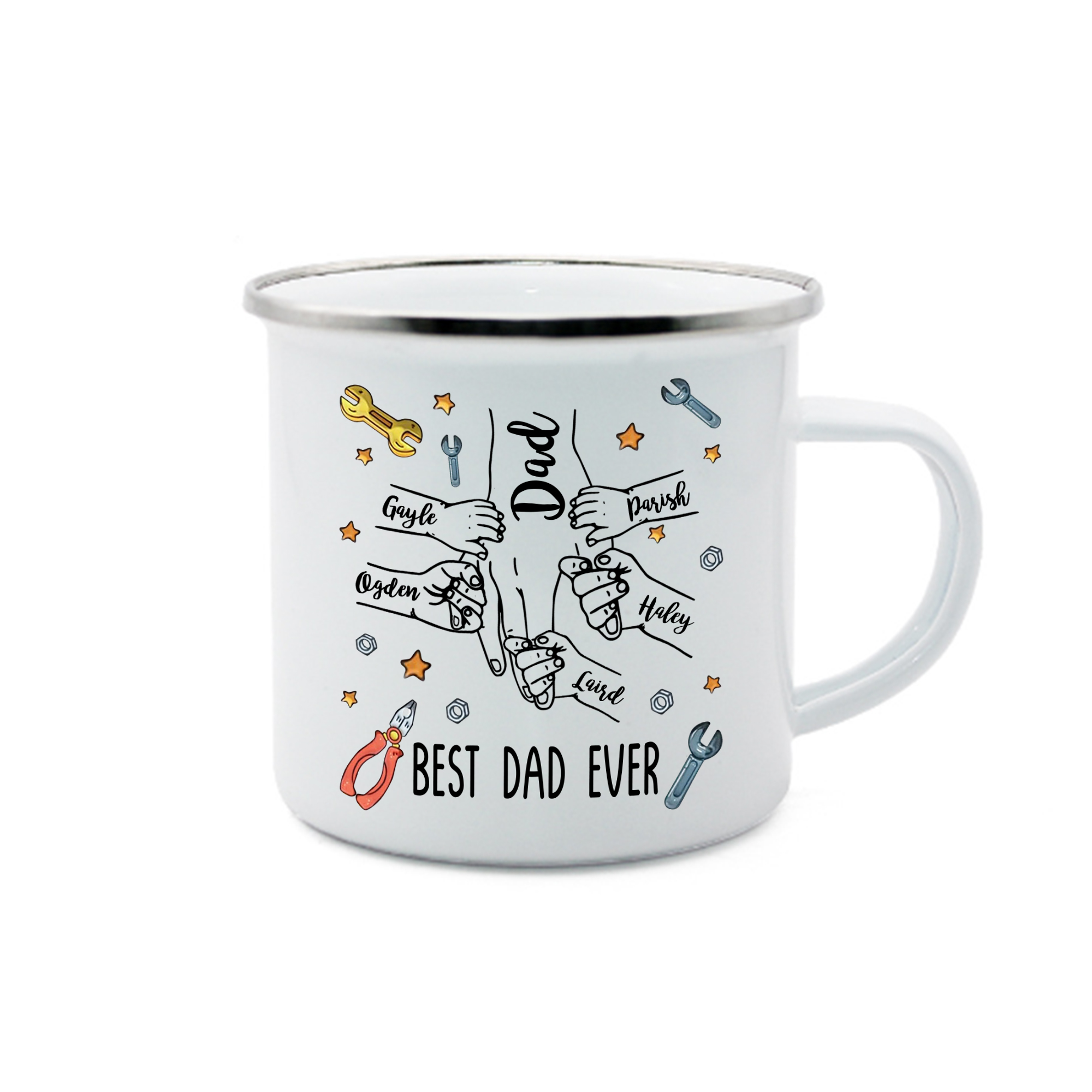 6 Names & 1 Text Personalized Best Dad Ever Enamel Mug – Custom Father's Day Gift | Lorajewel