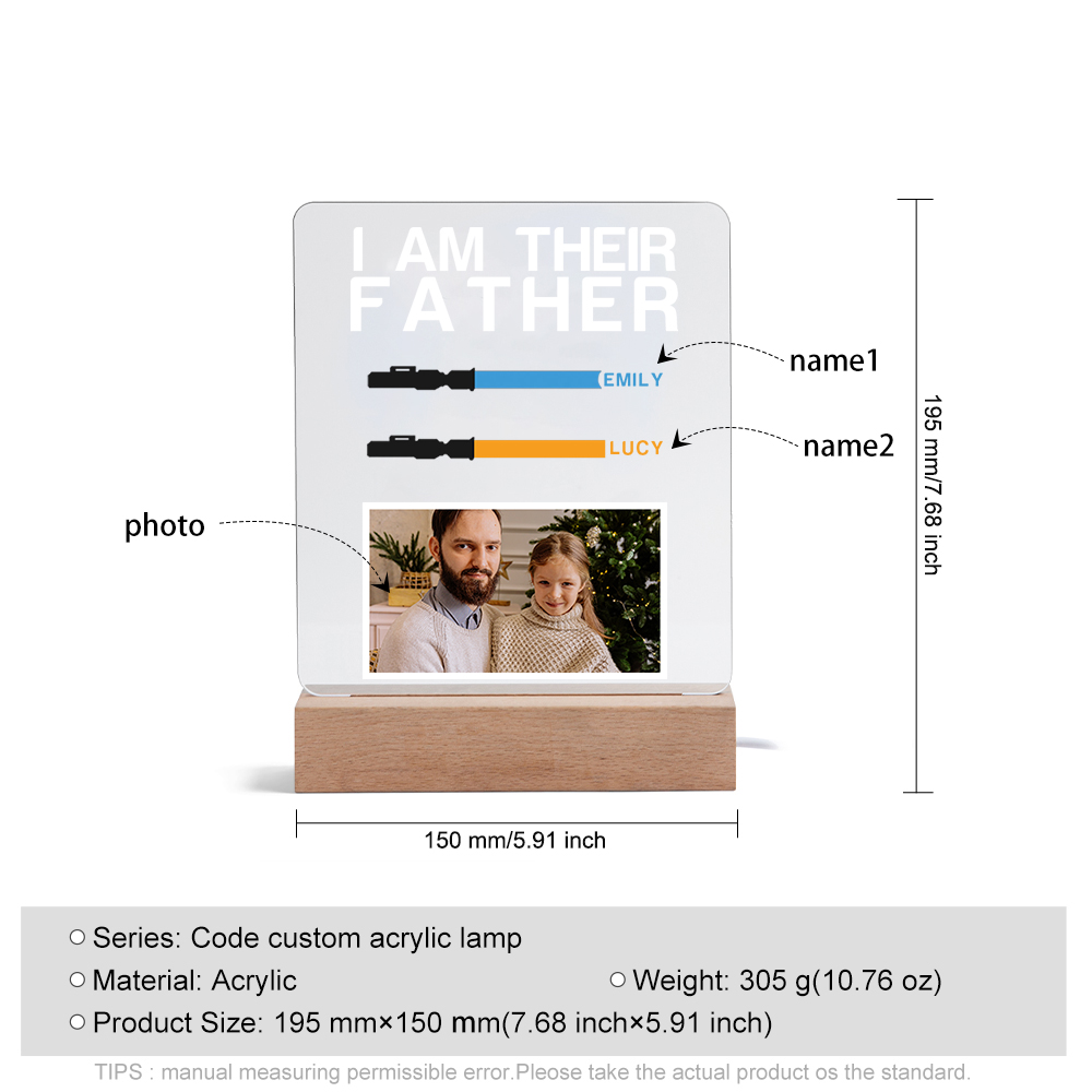2 Names & 1 Photo Perosnalized Star Wars Photo LED Acrylic Lamp - Gift for Dad | Lorajewel