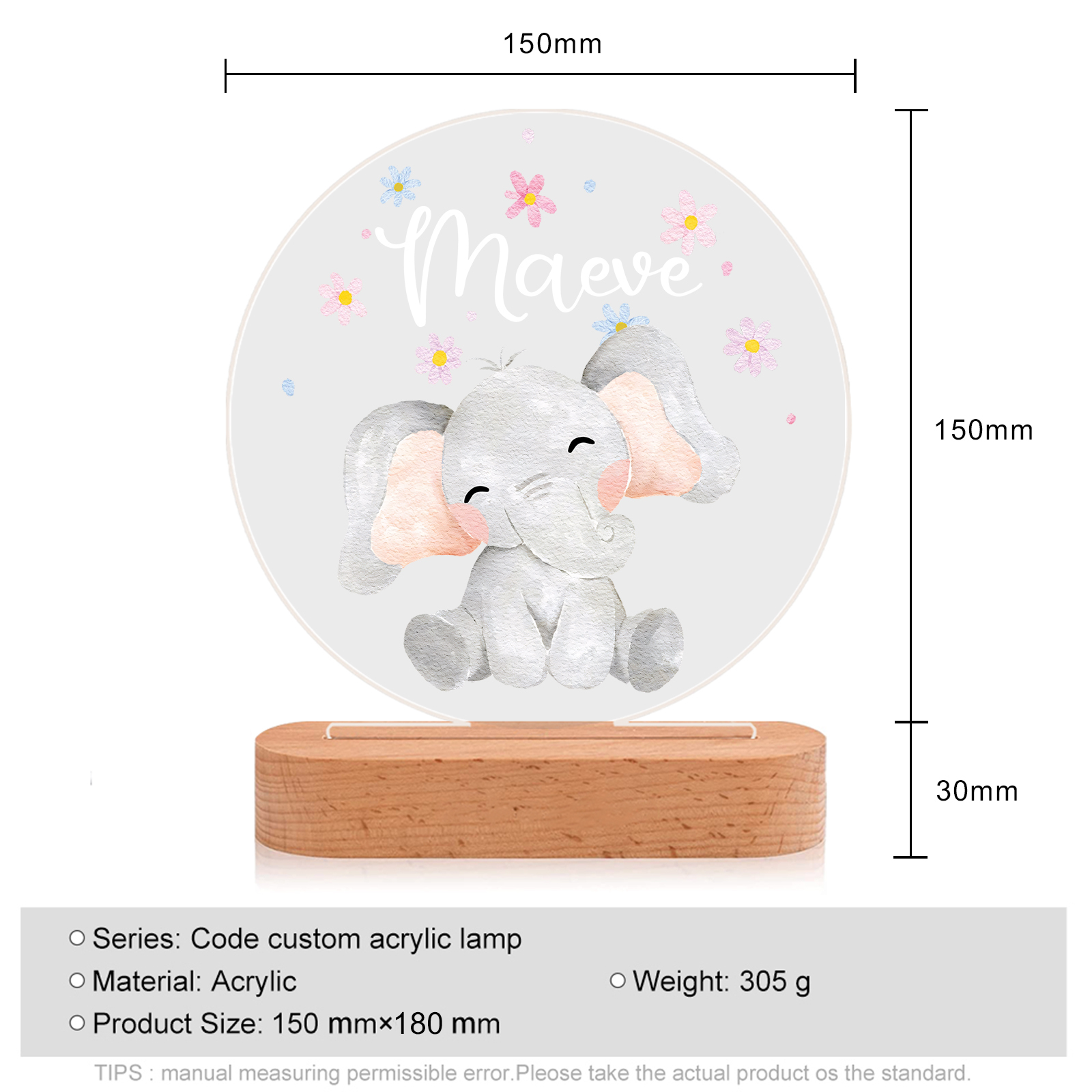 Personalized Acrylic Night Light Custom Name Elephant LED Lamp with Wooden Base Gifts for Kids