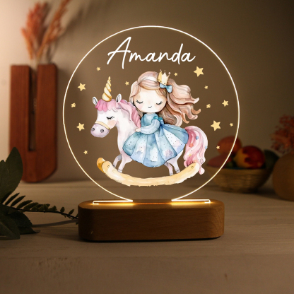 Personalized Acrylic Night Light Custom Name Unicorn LED Lamp with Wooden Base Gifts for Girls
