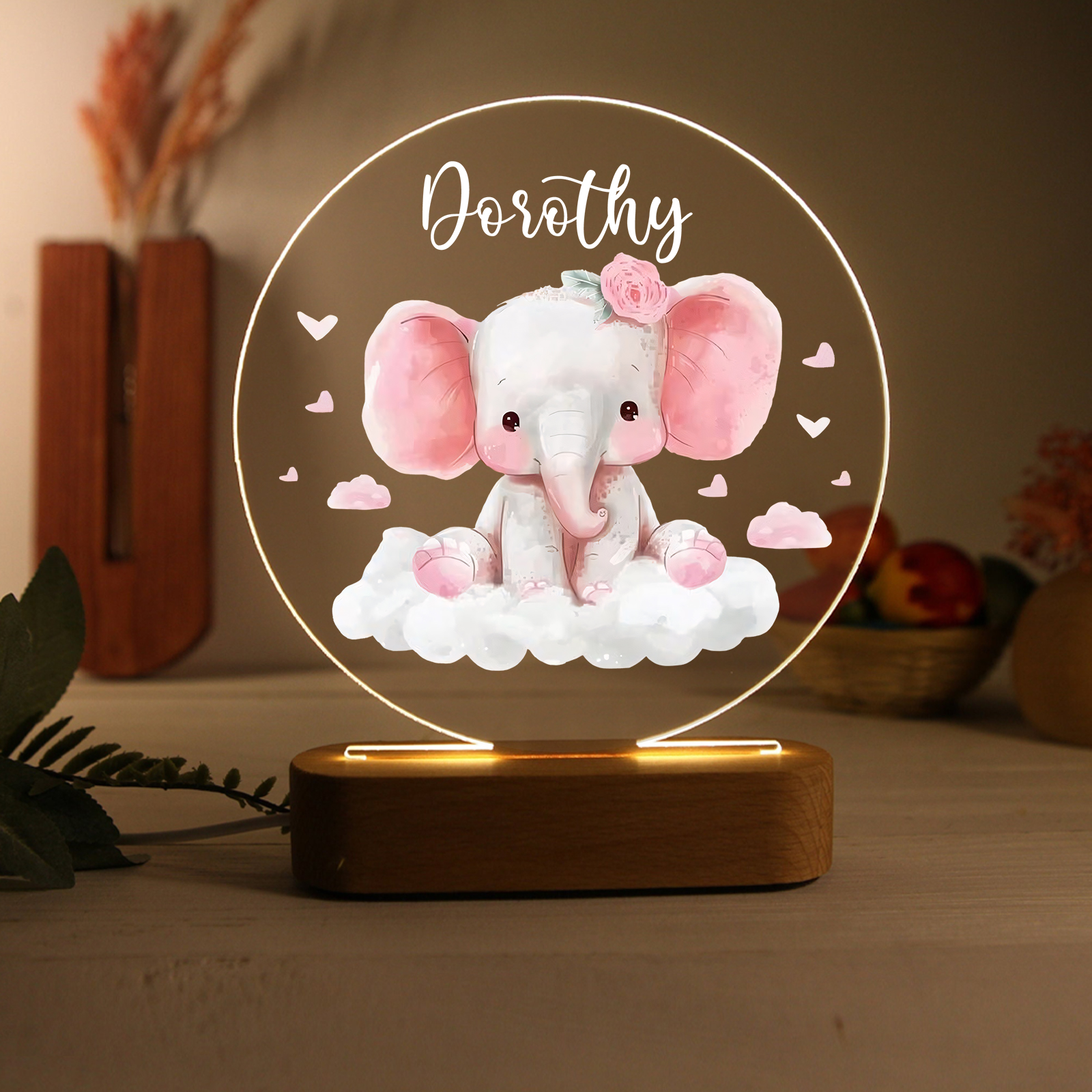 Personalized Acrylic Night Light Custom Name Pink Elephant LED Lamp with Wooden Base Gifts for Girls