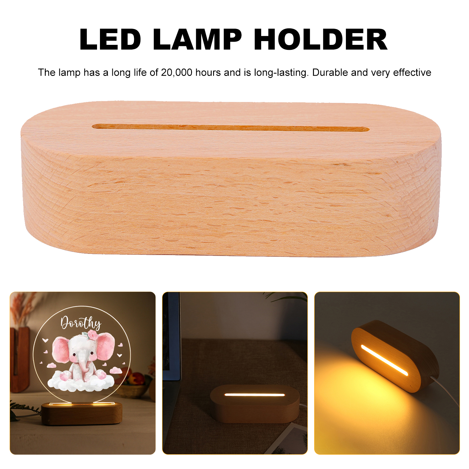 Personalized Acrylic Night Light Custom Name Pink Elephant LED Lamp with Wooden Base Gifts for Girls