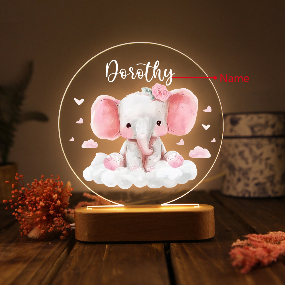 Personalized Acrylic Night Light Custom Name Pink Elephant LED Lamp with Wooden Base Gifts for Girls