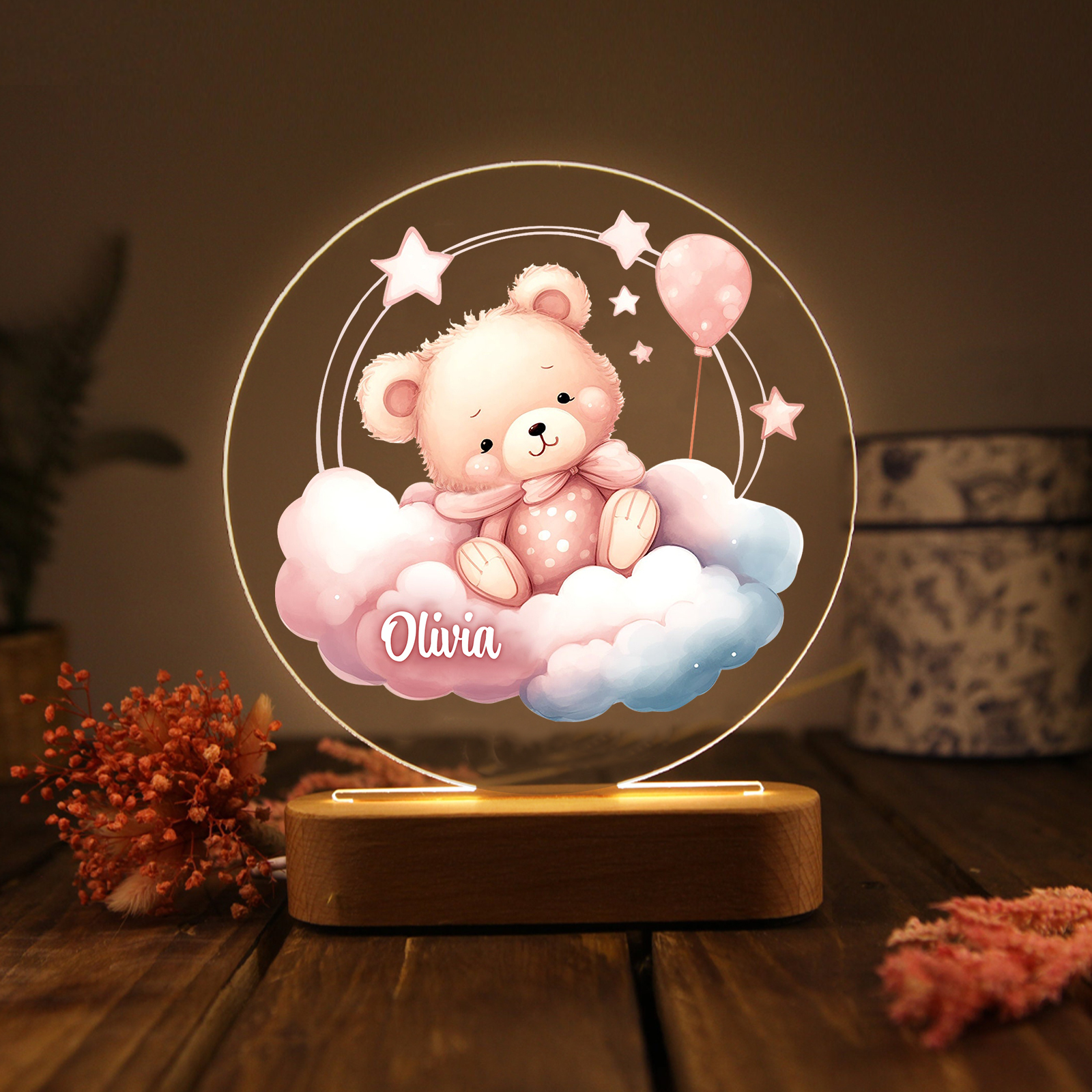 Personalized Acrylic Night Light Custom Name Pink Bear LED Lamp with Wooden Base Gifts for Girls