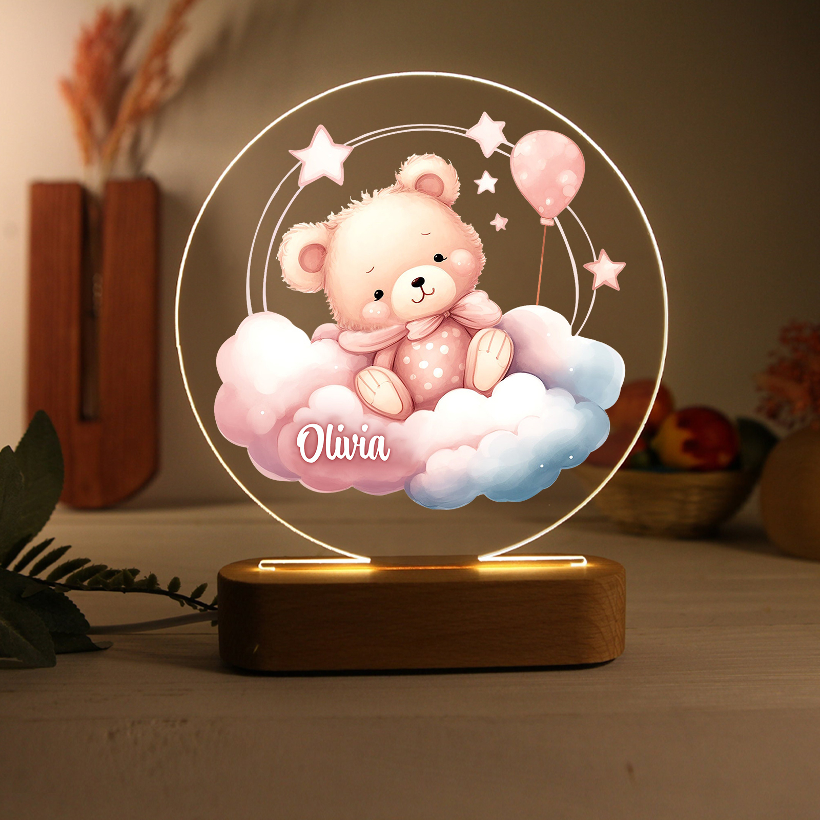 Personalized Acrylic Night Light Custom Name Pink Bear LED Lamp with Wooden Base Gifts for Girls