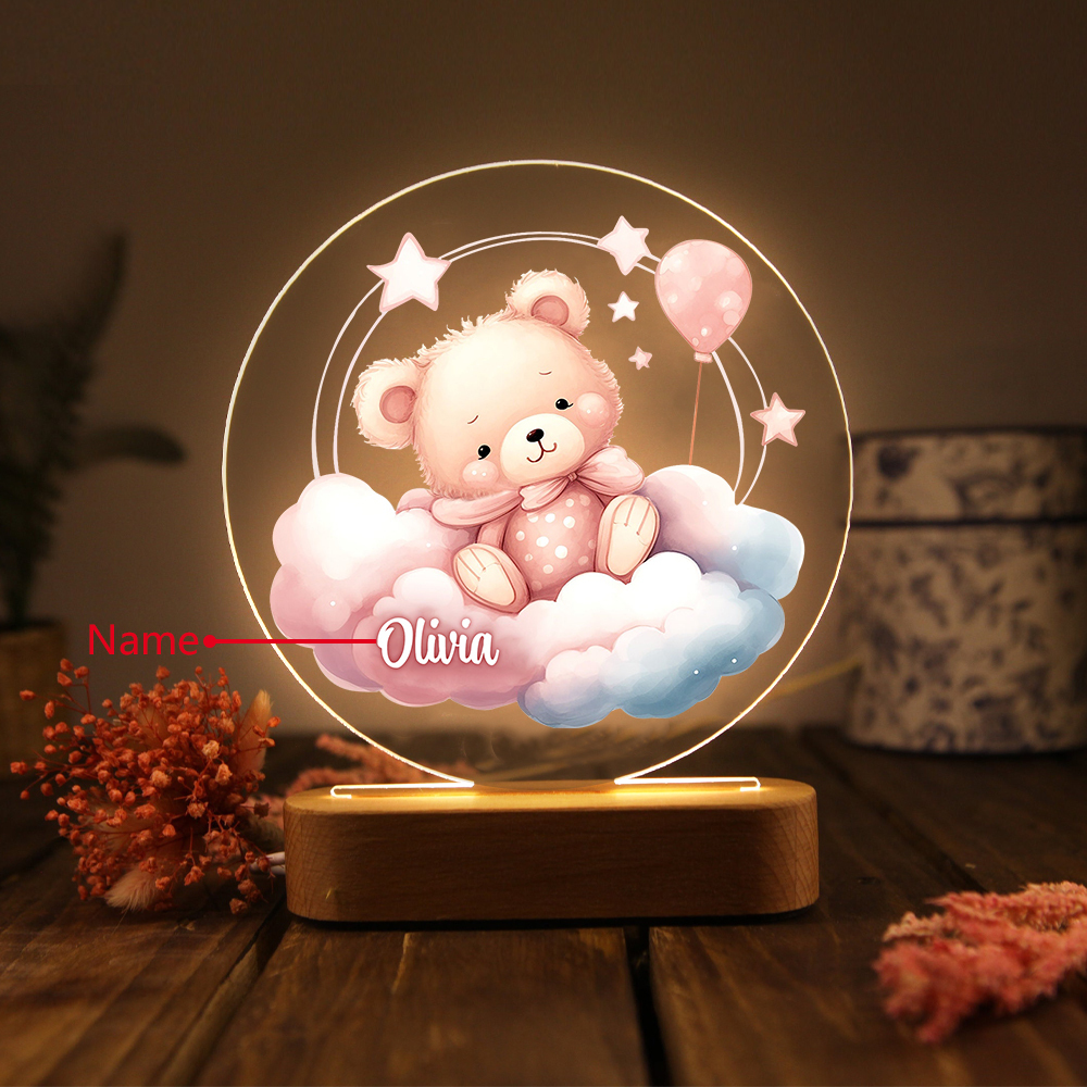 Personalized Acrylic Night Light Custom Name Pink Bear LED Lamp with Wooden Base Gifts for Girls