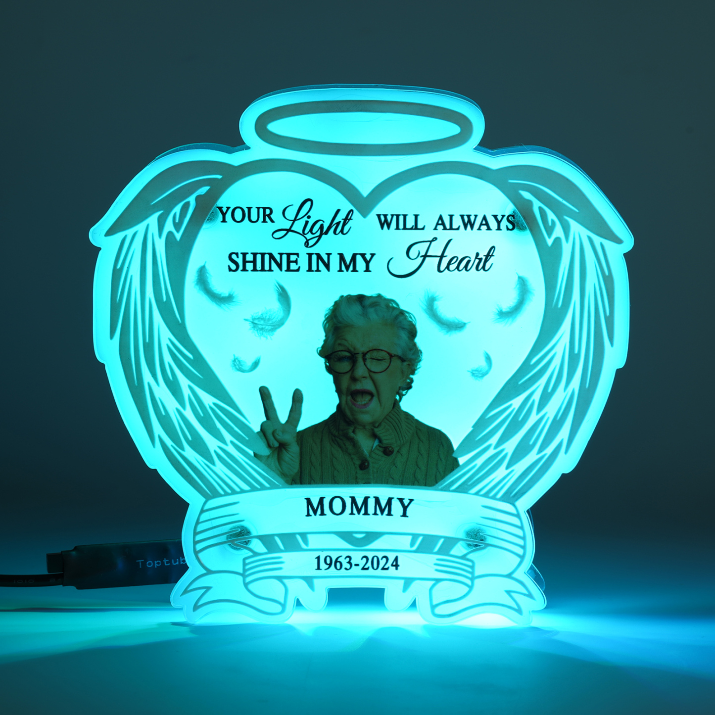 Personalized Memorial LED Light with Angel Wings, 1 Name & Photo A Heartfelt Sympathy Gift