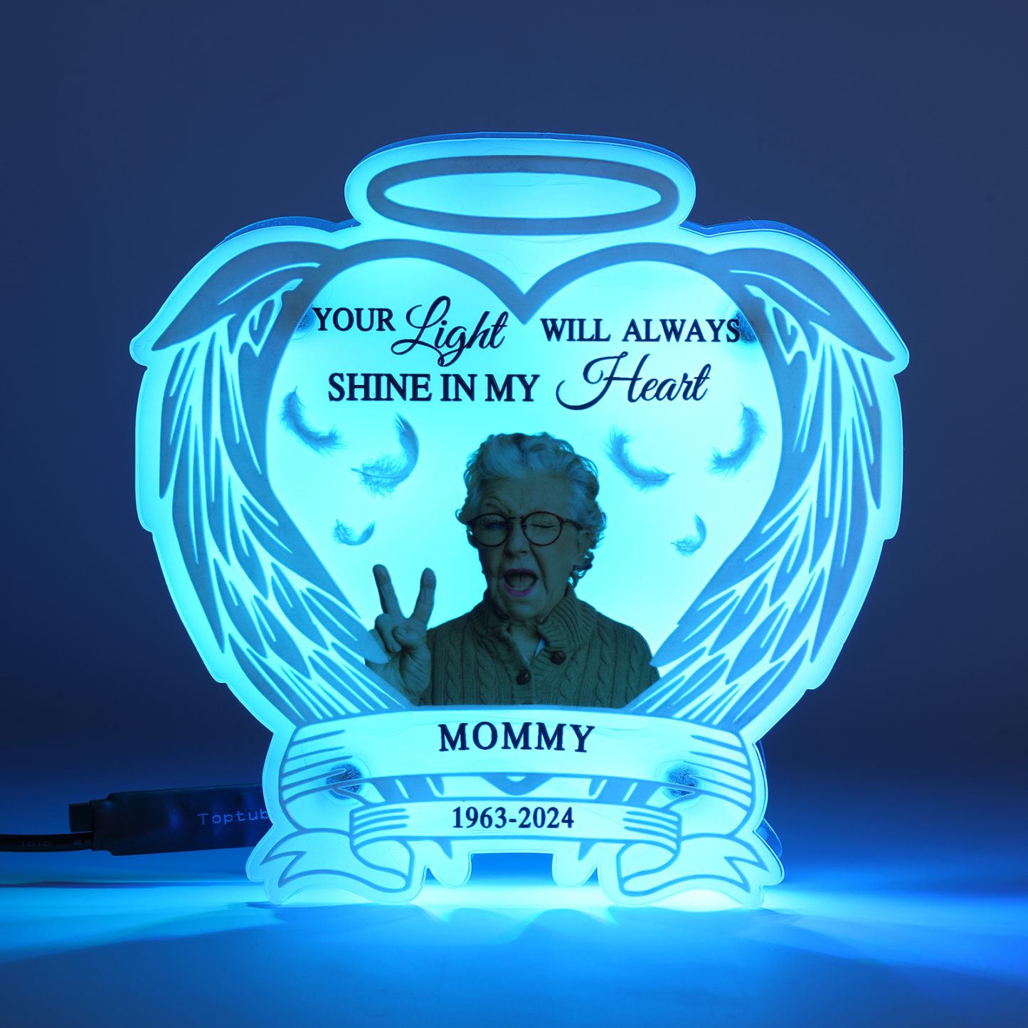 Personalized Memorial LED Light with Angel Wings, 1 Name & Photo A Heartfelt Sympathy Gift