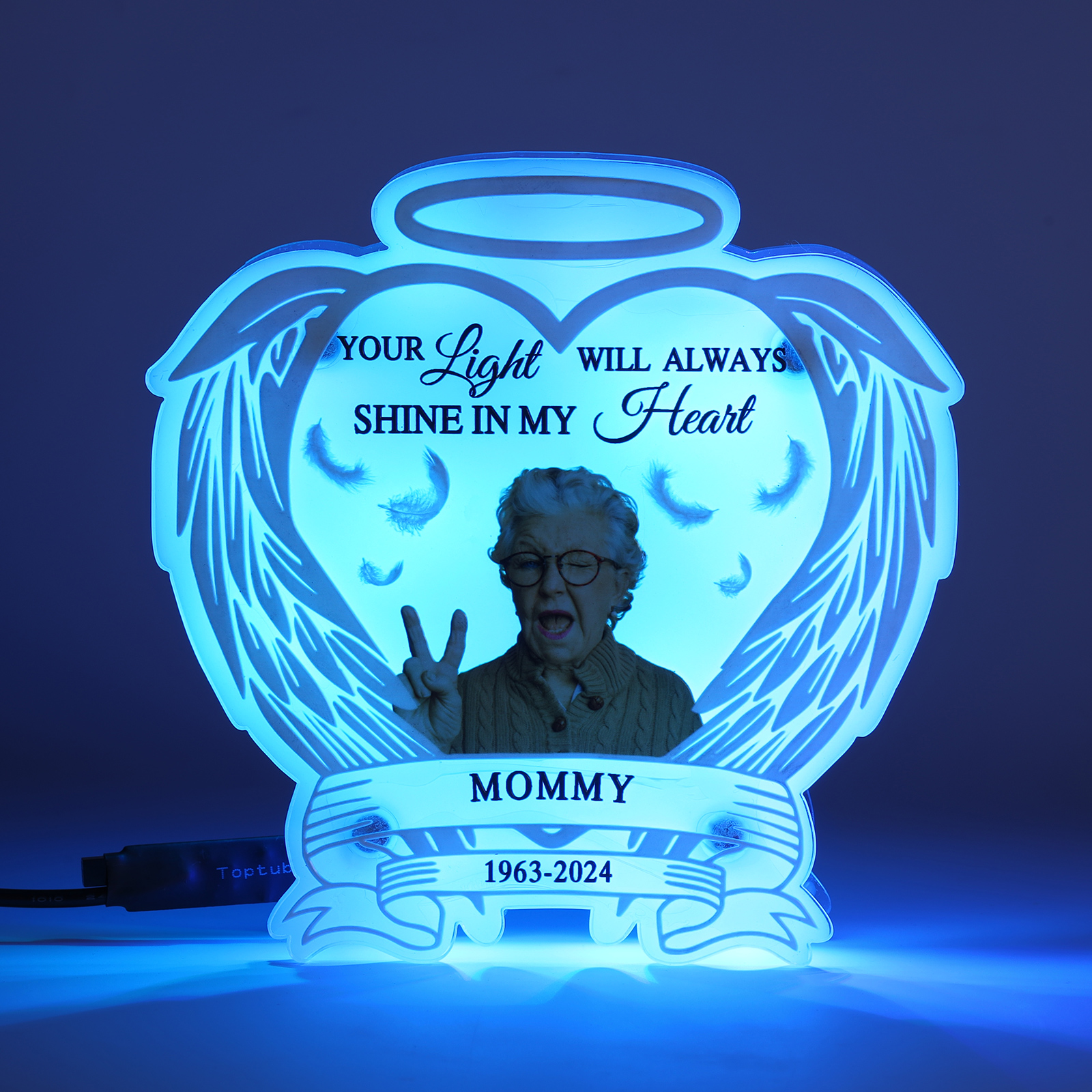 Personalized Memorial LED Light with Angel Wings, 1 Name & Photo A Heartfelt Sympathy Gift