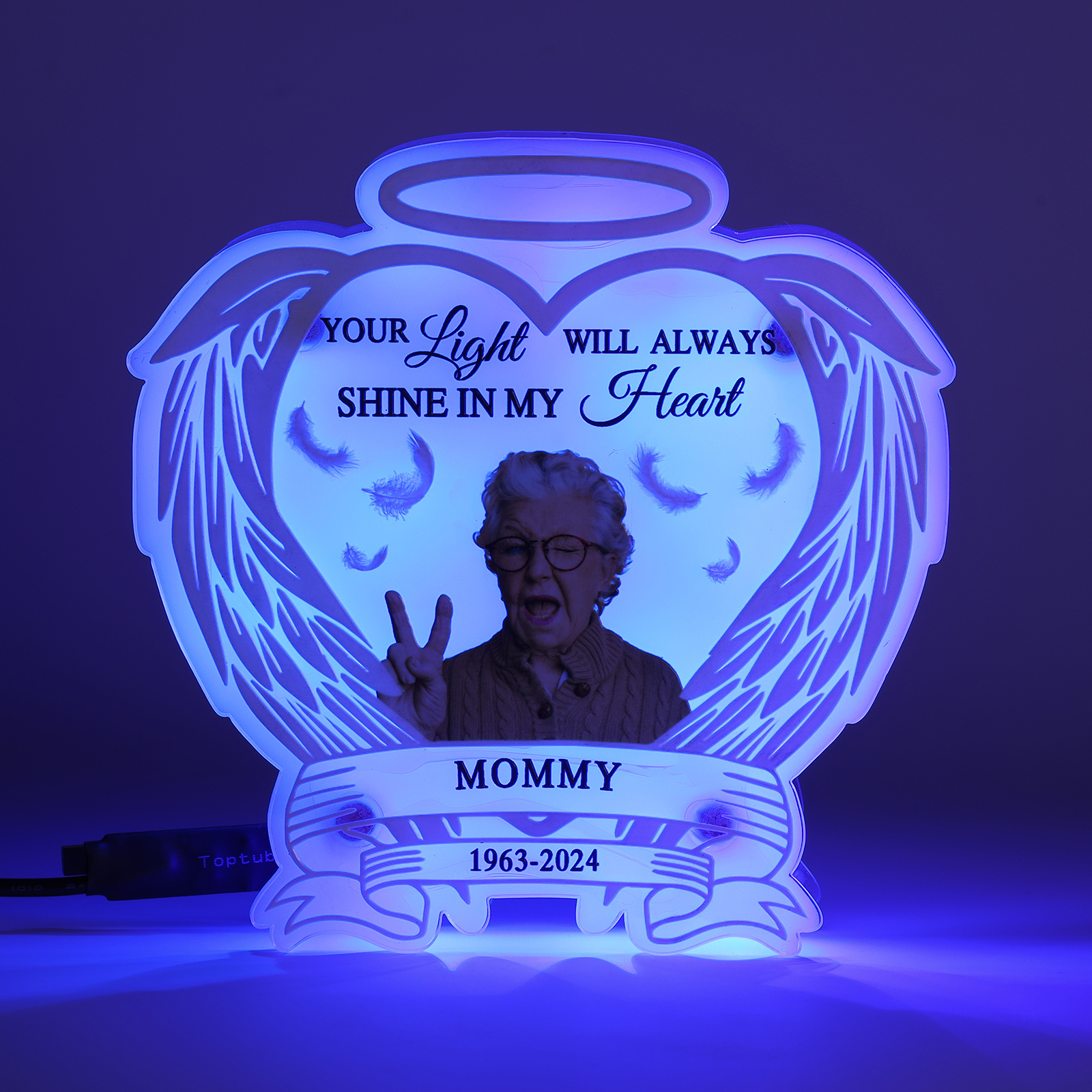 Personalized Memorial LED Light with Angel Wings, 1 Name & Photo A Heartfelt Sympathy Gift