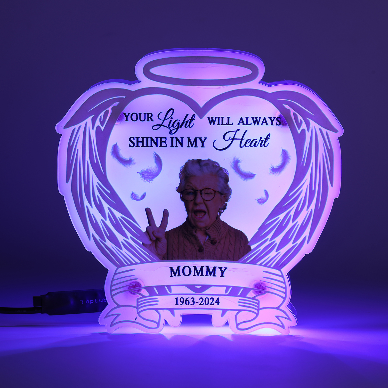 Personalized Memorial LED Light with Angel Wings, 1 Name & Photo A Heartfelt Sympathy Gift