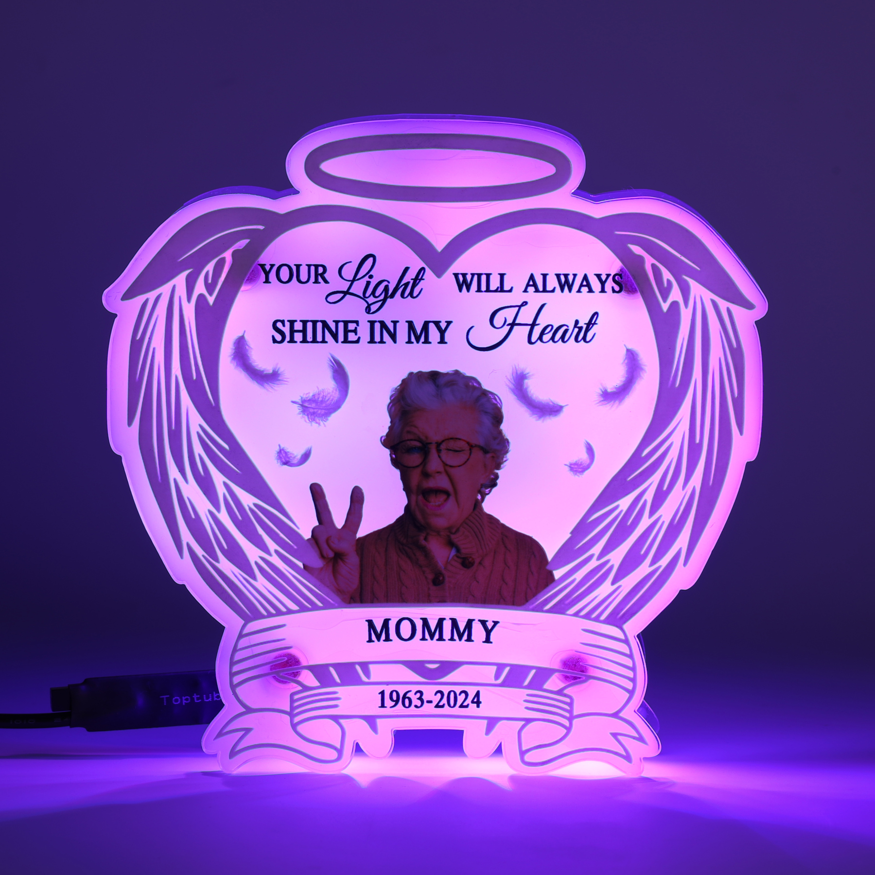 Personalized Memorial LED Light with Angel Wings, 1 Name & Photo A Heartfelt Sympathy Gift