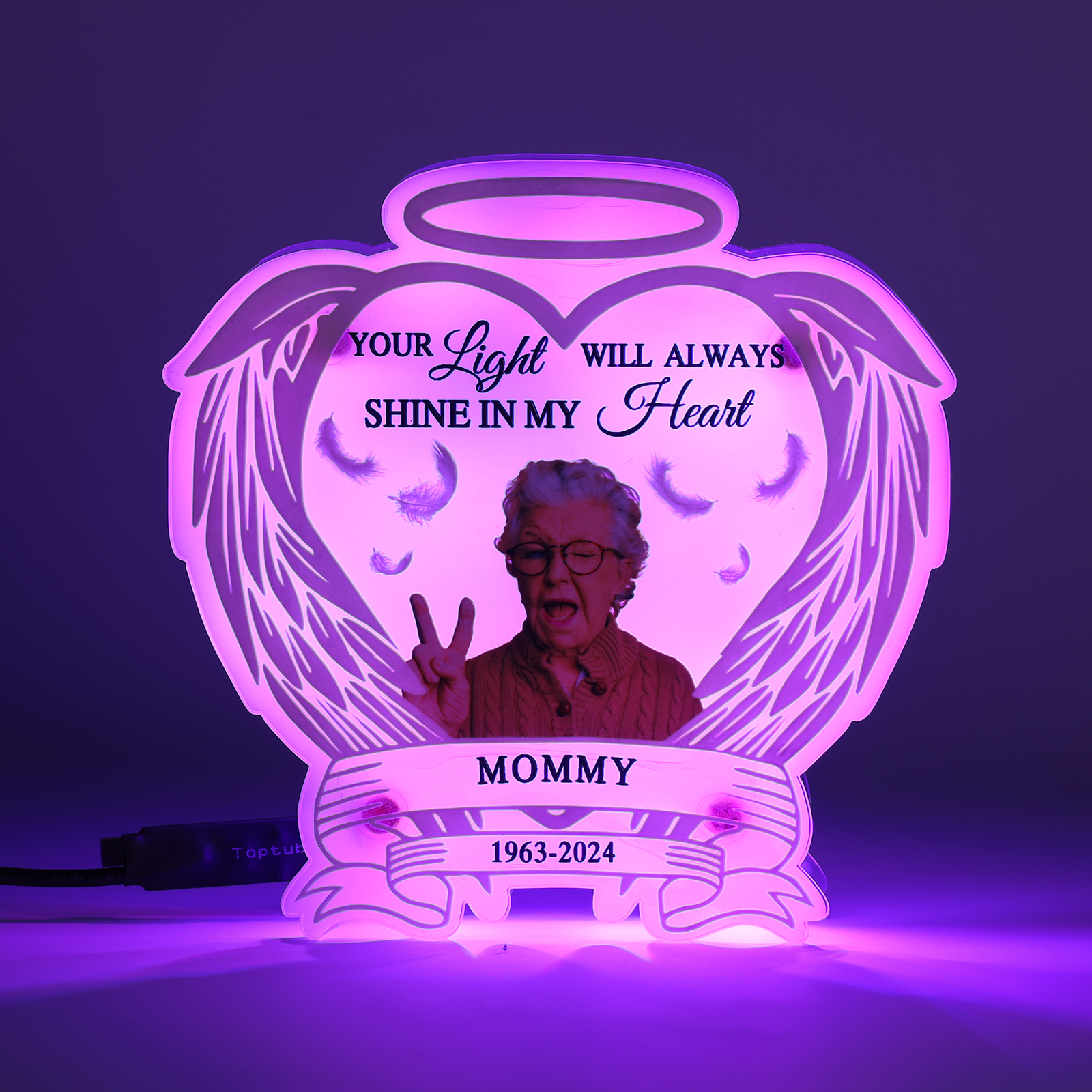 Personalized Memorial LED Light with Angel Wings, 1 Name & Photo A Heartfelt Sympathy Gift