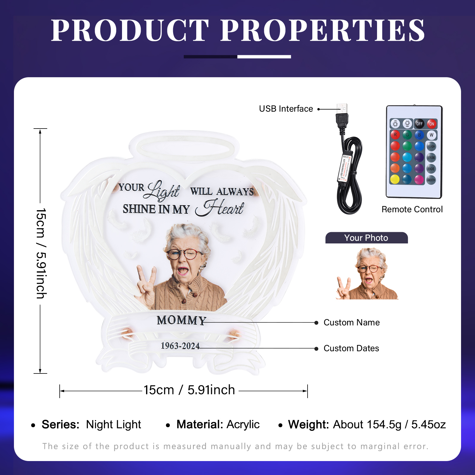 Personalized Memorial LED Light with Angel Wings, 1 Name & Photo A Heartfelt Sympathy Gift