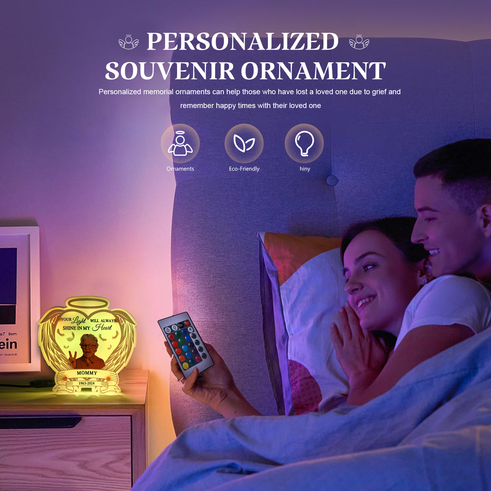 Personalized Memorial LED Light with Angel Wings, 1 Name & Photo A Heartfelt Sympathy Gift