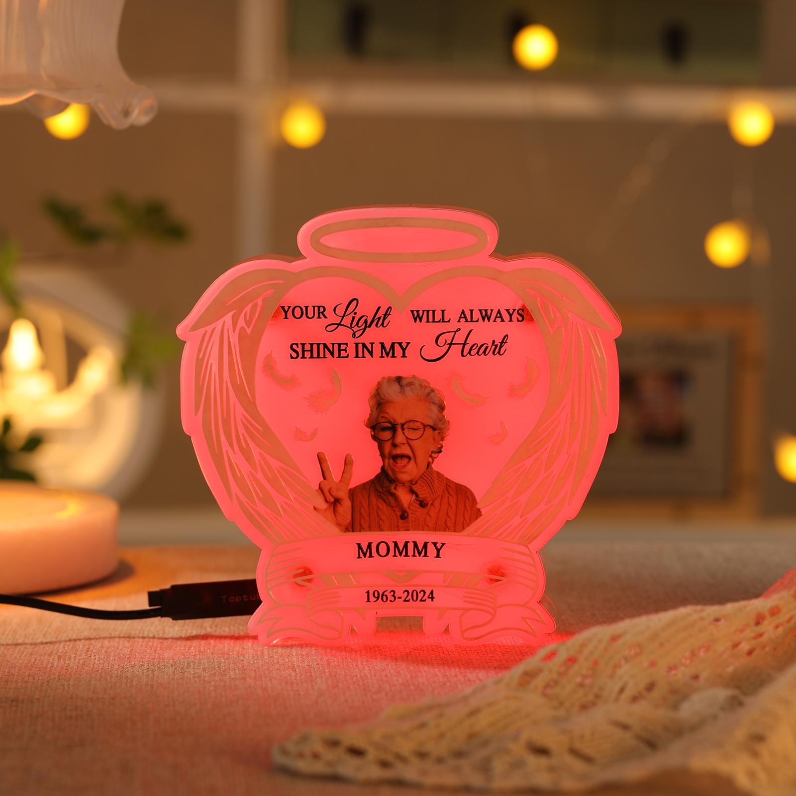 Personalized Memorial LED Light with Angel Wings, 1 Name & Photo A Heartfelt Sympathy Gift