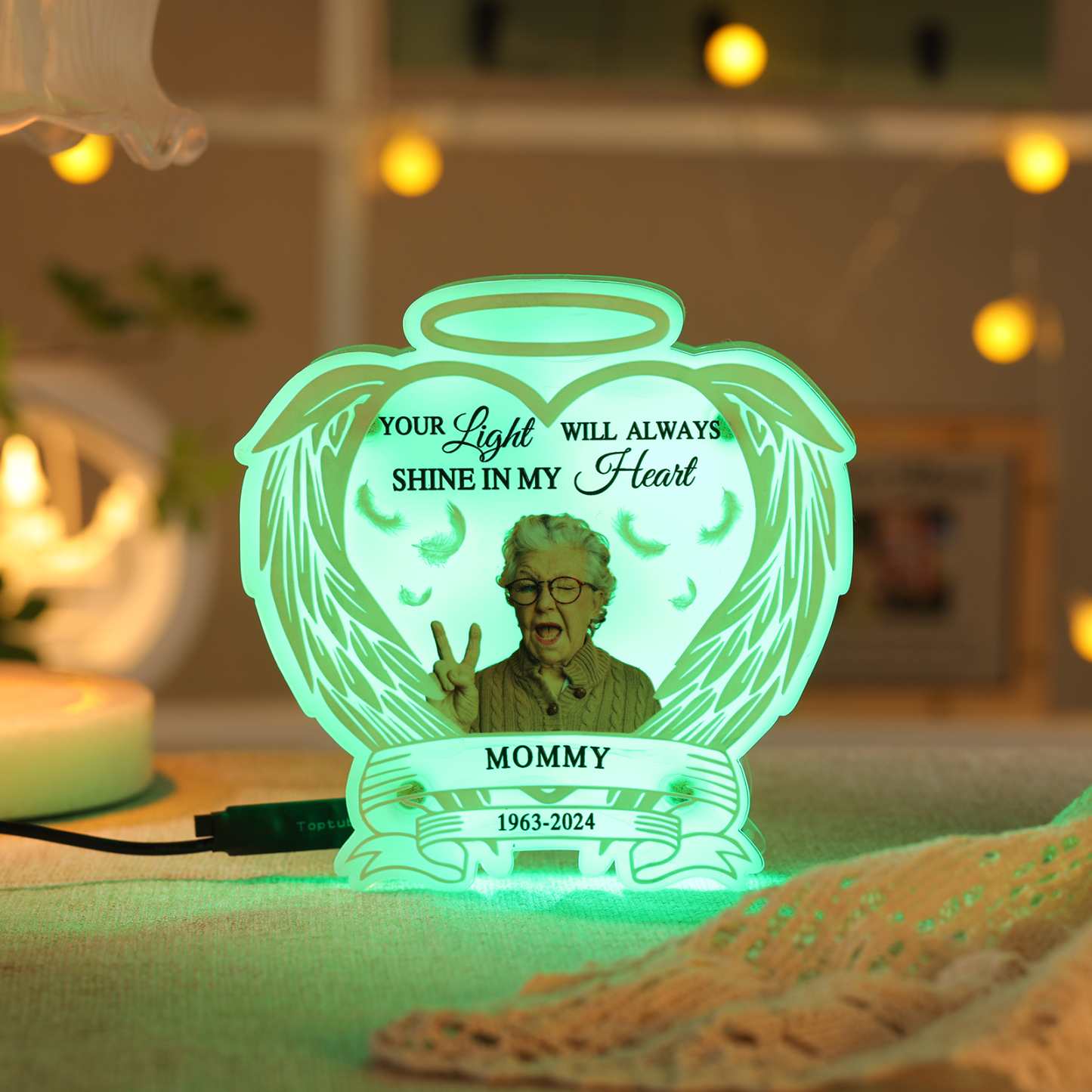 Personalized Memorial LED Light with Angel Wings, 1 Name & Photo A Heartfelt Sympathy Gift