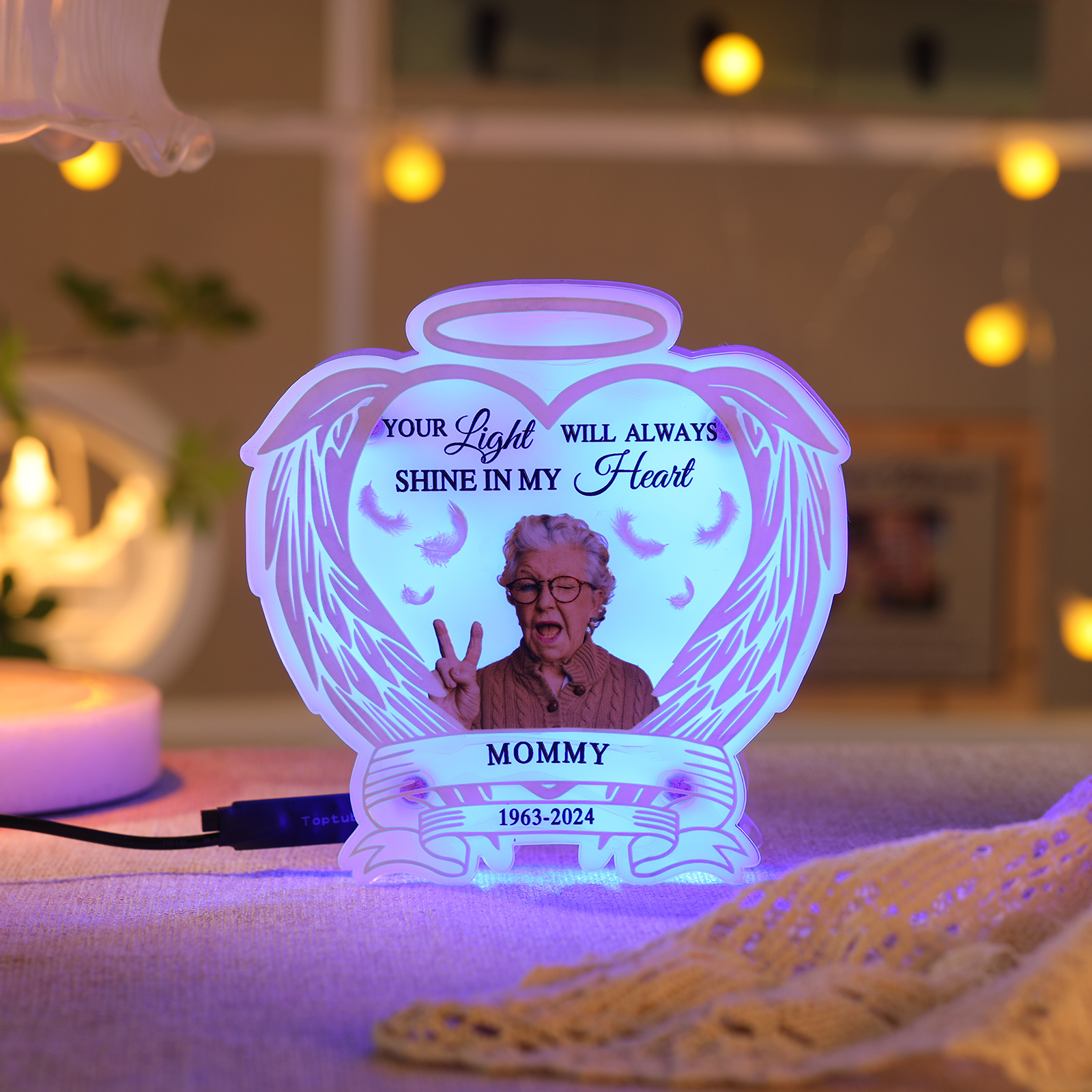 Personalized Memorial LED Light with Angel Wings, 1 Name & Photo A Heartfelt Sympathy Gift