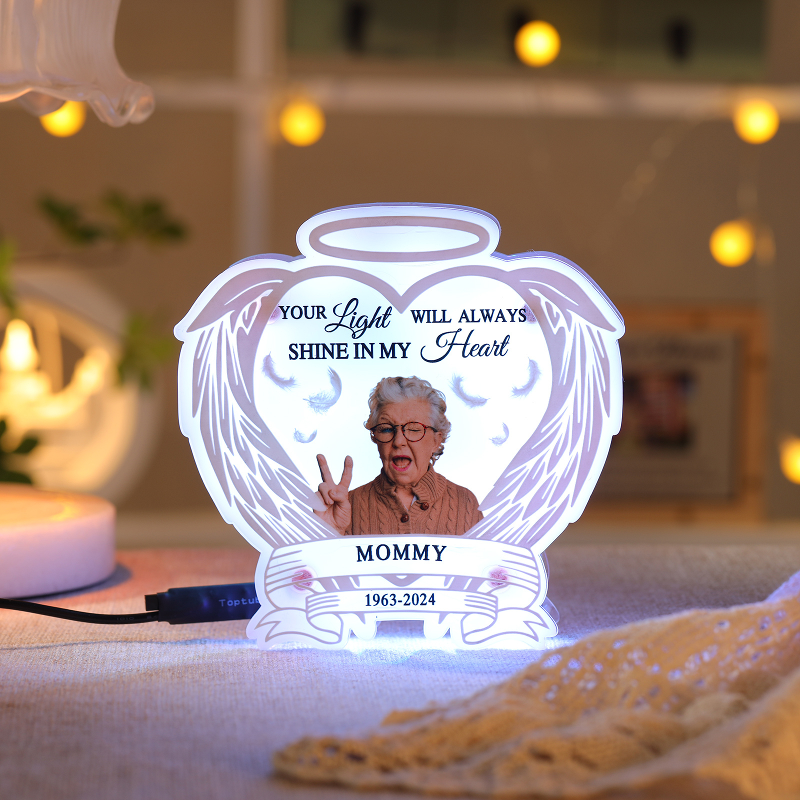 Personalized Memorial LED Light with Angel Wings, 1 Name & Photo A Heartfelt Sympathy Gift