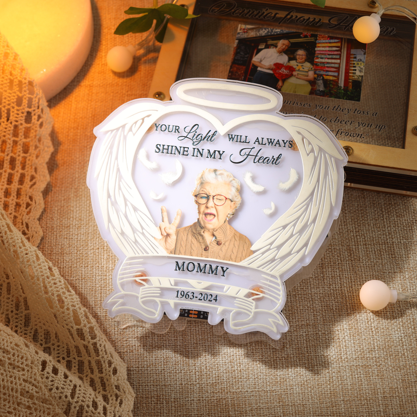 Personalized Memorial LED Light with Angel Wings, 1 Name & Photo A Heartfelt Sympathy Gift