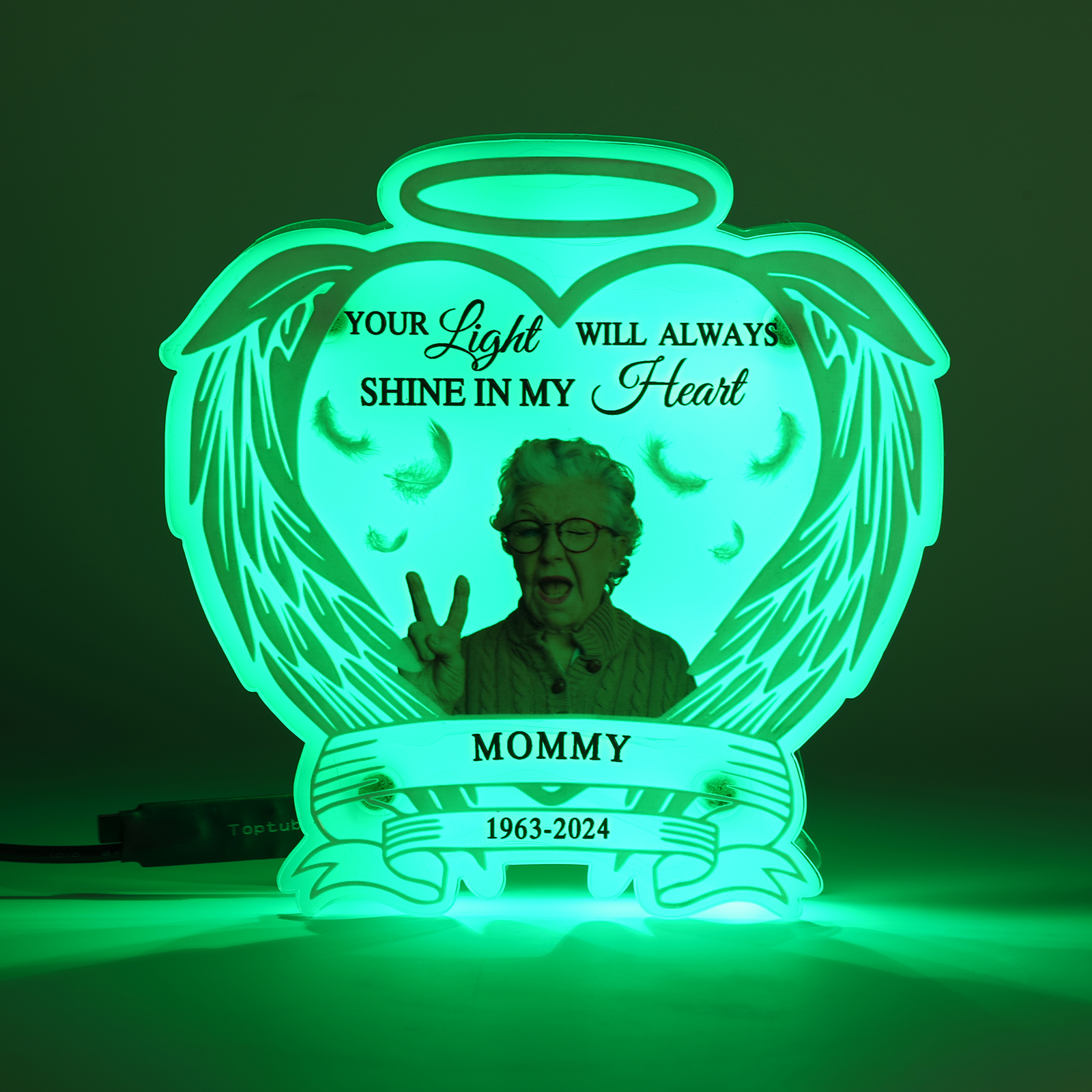Personalized Memorial LED Light with Angel Wings, 1 Name & Photo A Heartfelt Sympathy Gift