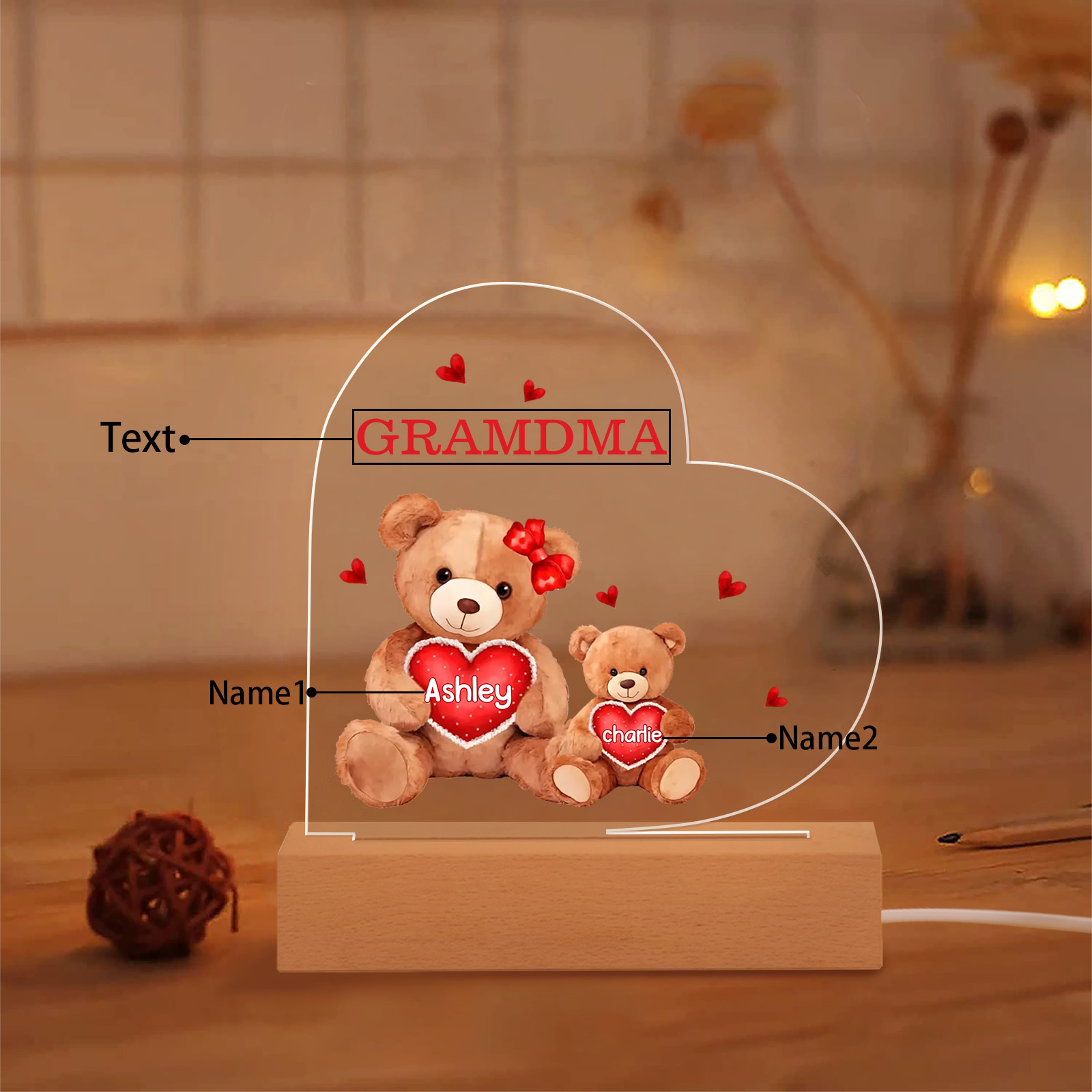 Personalized Bear Family Acrylic Plaque Night Light with Custom 2 Names Night Lamp