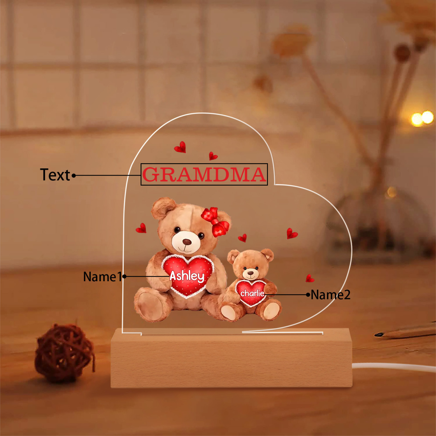 Personalized Bear Family Acrylic Plaque Night Light with Custom 2 Names Night Lamp