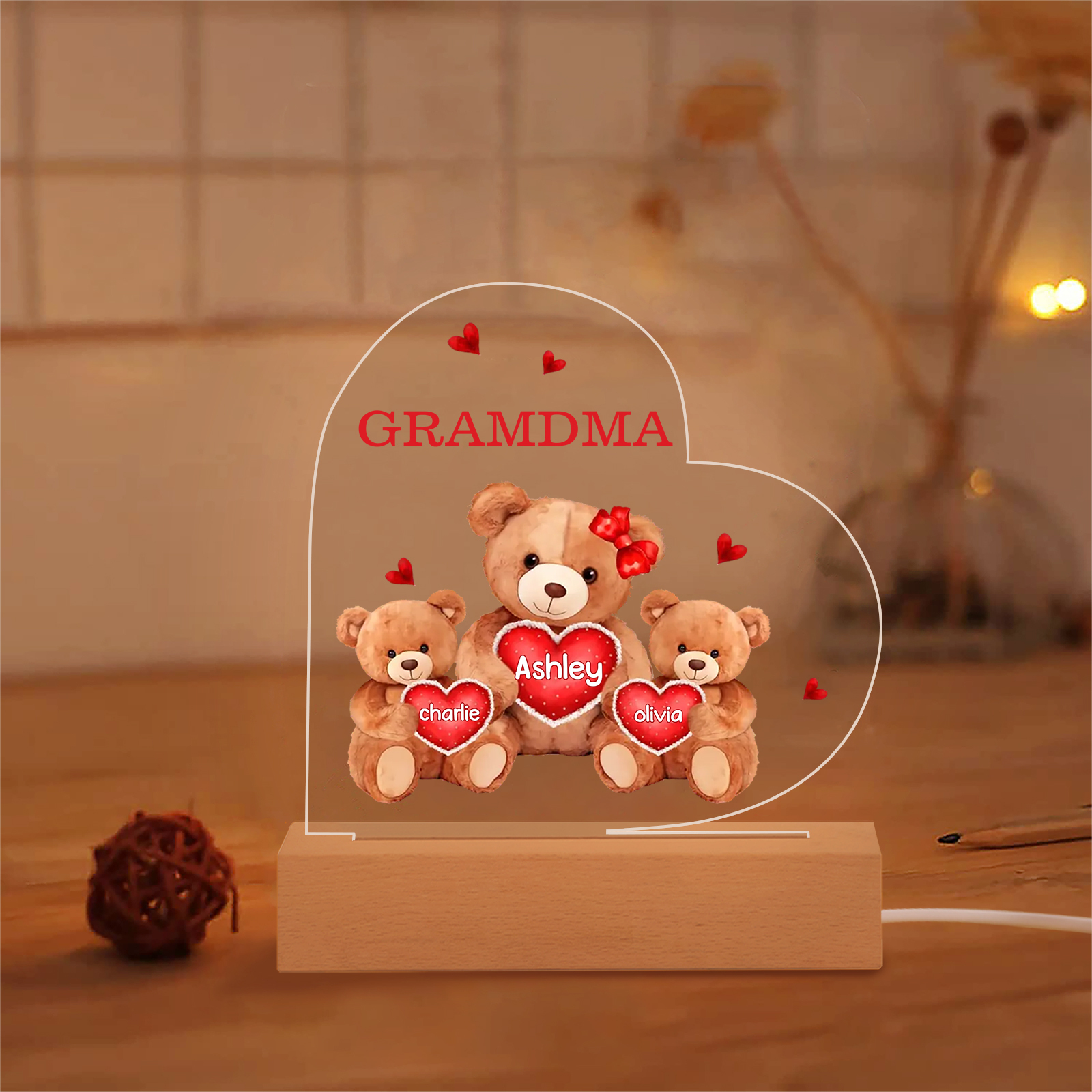 Personalized Bear Family Acrylic Plaque Night Light with Custom 3 Names LED Night Lamp