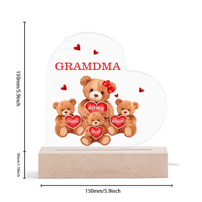 Personalized Bear Family Acrylic Plaque Night Light with Custom 4 Names LED Night Lamp