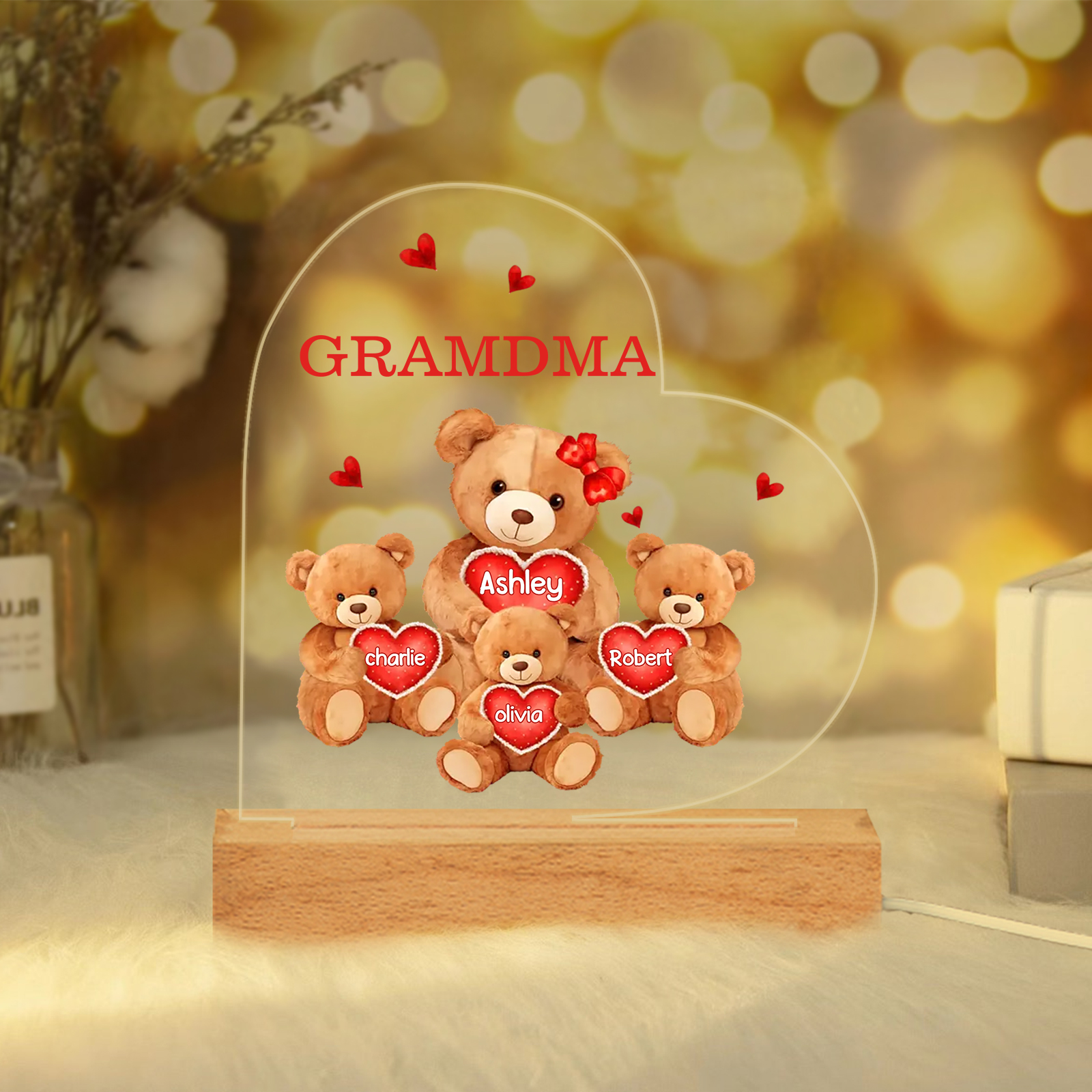 Personalized Bear Family Acrylic Plaque Night Light with Custom 4 Names LED Night Lamp