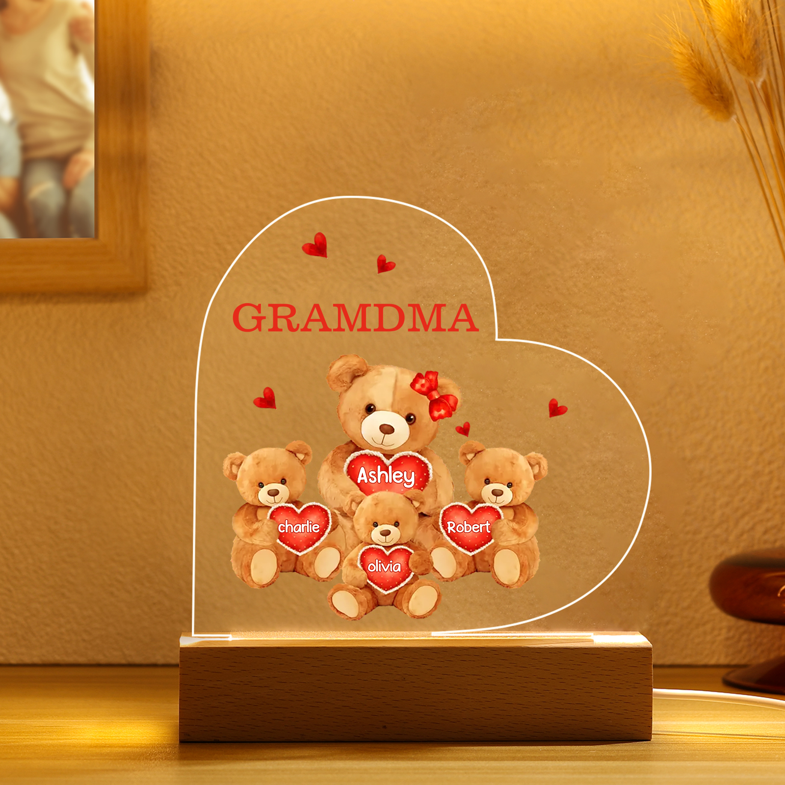 Personalized Bear Family Acrylic Plaque Night Light with Custom 4 Names LED Night Lamp