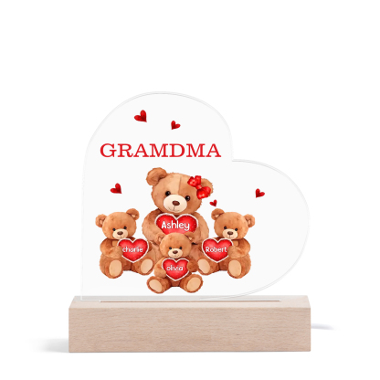Personalized Bear Family Acrylic Plaque Night Light with Custom 4 Names LED Night Lamp