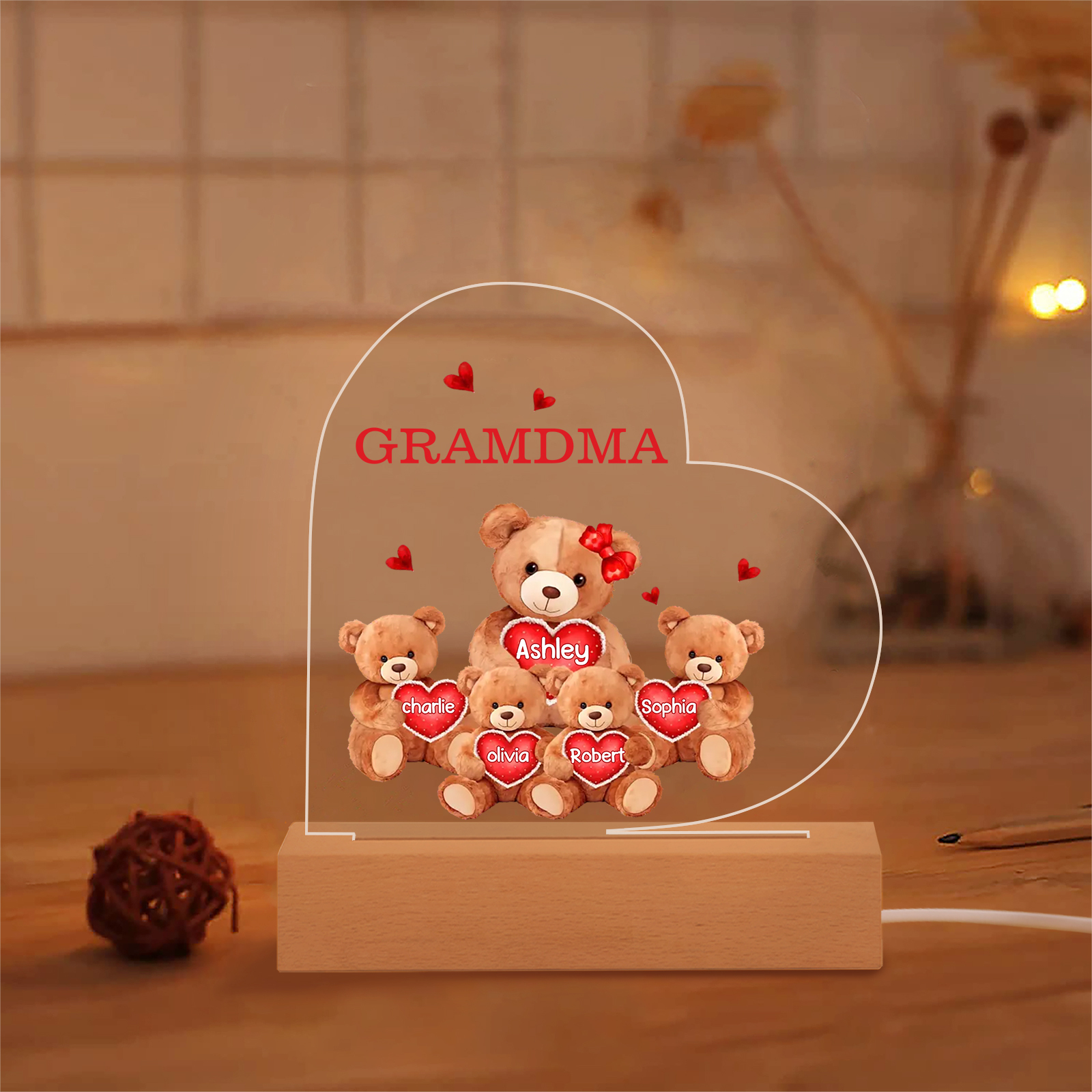 Personalized Bear Family Acrylic Plaque Night Light with Custom 5 Names LED Night Lamp