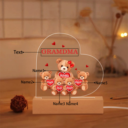 Personalized Bear Family Acrylic Plaque Night Light with Custom 5 Names LED Night Lamp