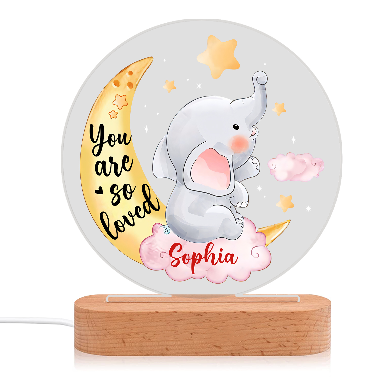 Personalized Name Acrylic Night Light Moon Elephant LED Lamp with Wooden Base Gifts for Kids - You Are So Loved