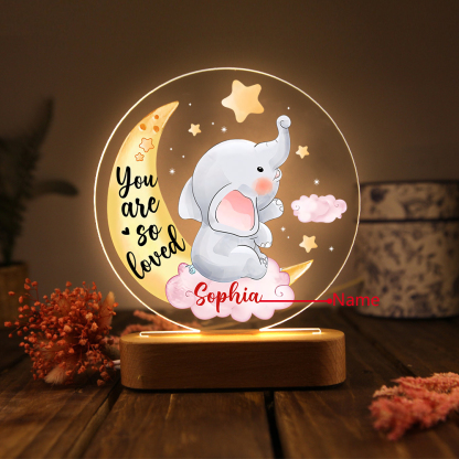 Personalized Name Acrylic Night Light Moon Elephant LED Lamp with Wooden Base Gifts for Kids - You Are So Loved