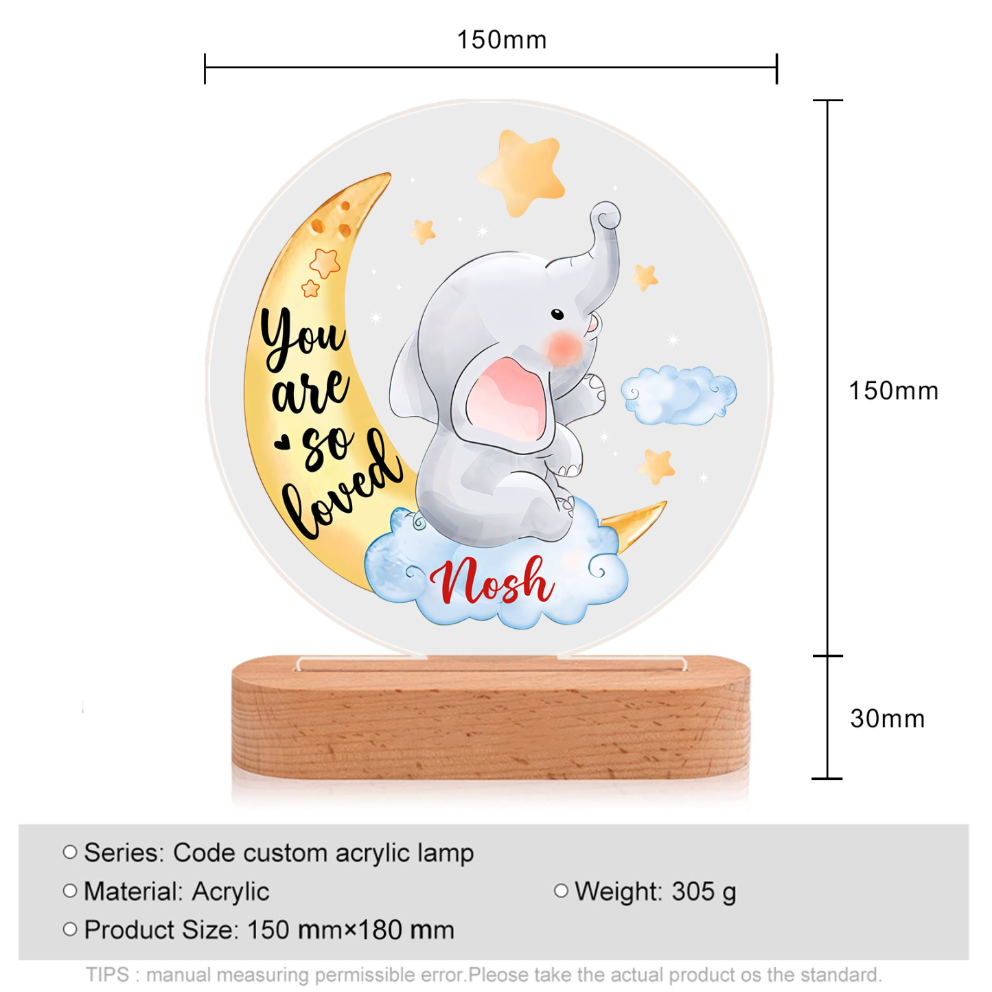 Personalized Name Acrylic Night Light Moon Elephant LED Lamp with Wooden Base Gifts for Kids - You Are So Loved
