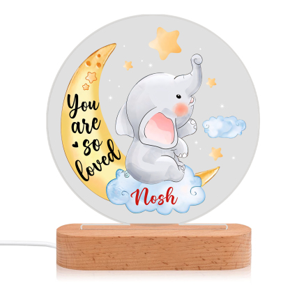 Personalized Name Acrylic Night Light Moon Elephant LED Lamp with Wooden Base Gifts for Kids - You Are So Loved