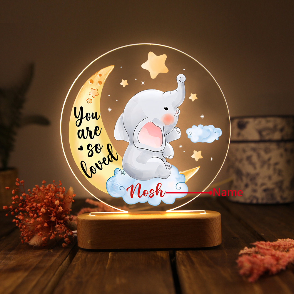 Personalized Name Acrylic Night Light Moon Elephant LED Lamp with Wooden Base Gifts for Kids - You Are So Loved
