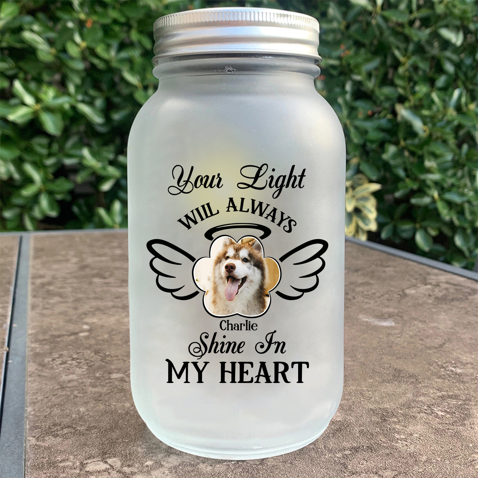 Custom Memorial Jar with Photo Personalized Memorial Gift Bottle Gifts for Pet Lover - Your Light Will Always Shine In My Heart