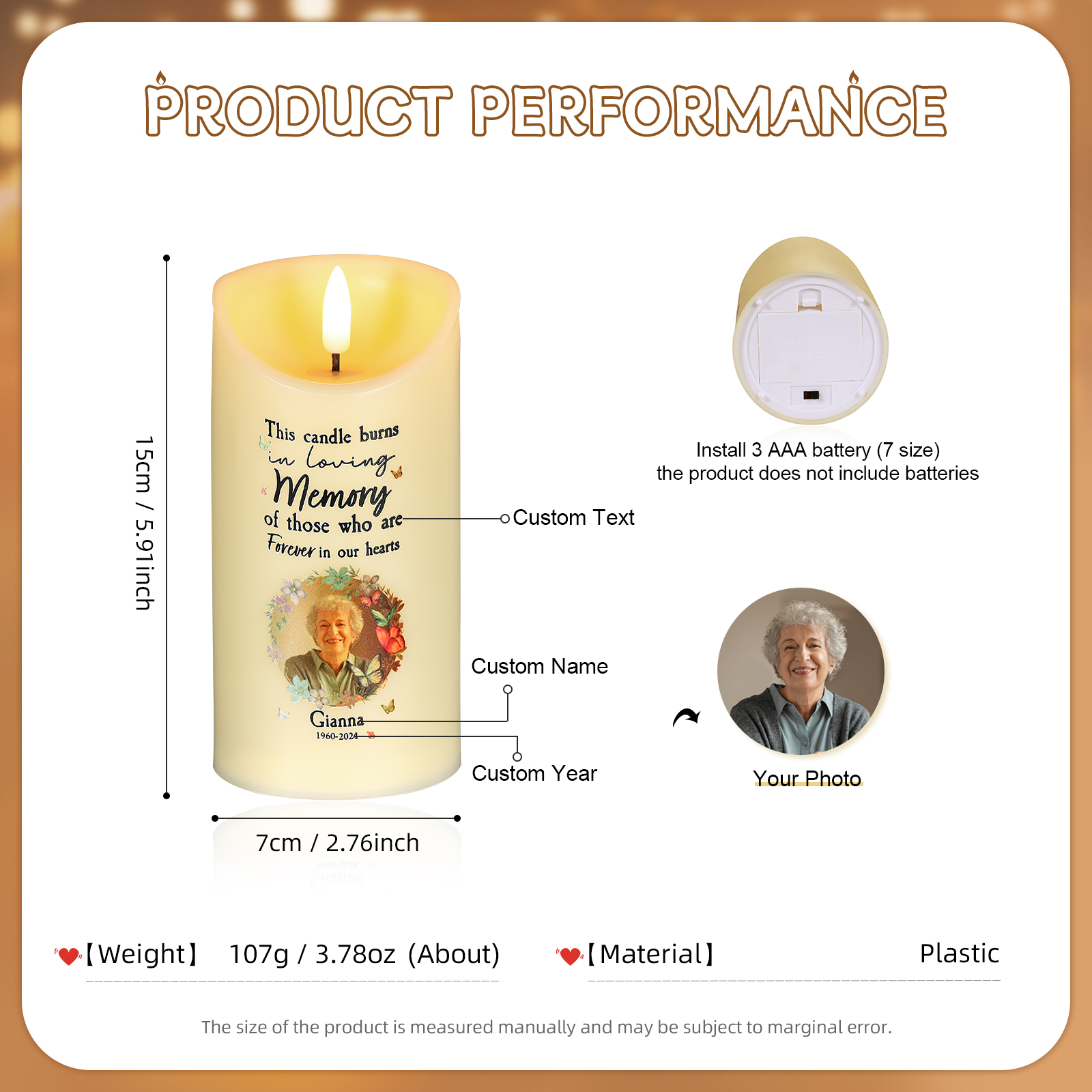 Personalized Memorial Electric Candle with Name, Photo & Date Heartfelt Christmas Tribute