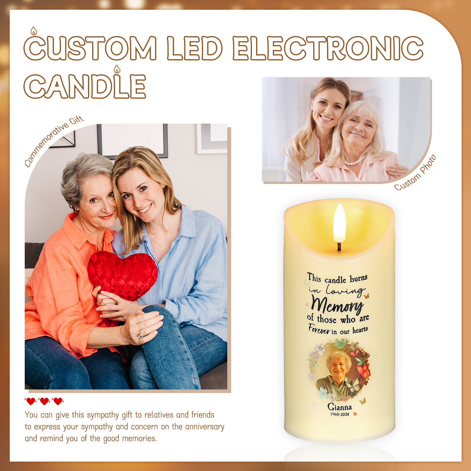 Personalized Memorial Electric Candle with Name, Photo & Date Heartfelt Christmas Tribute